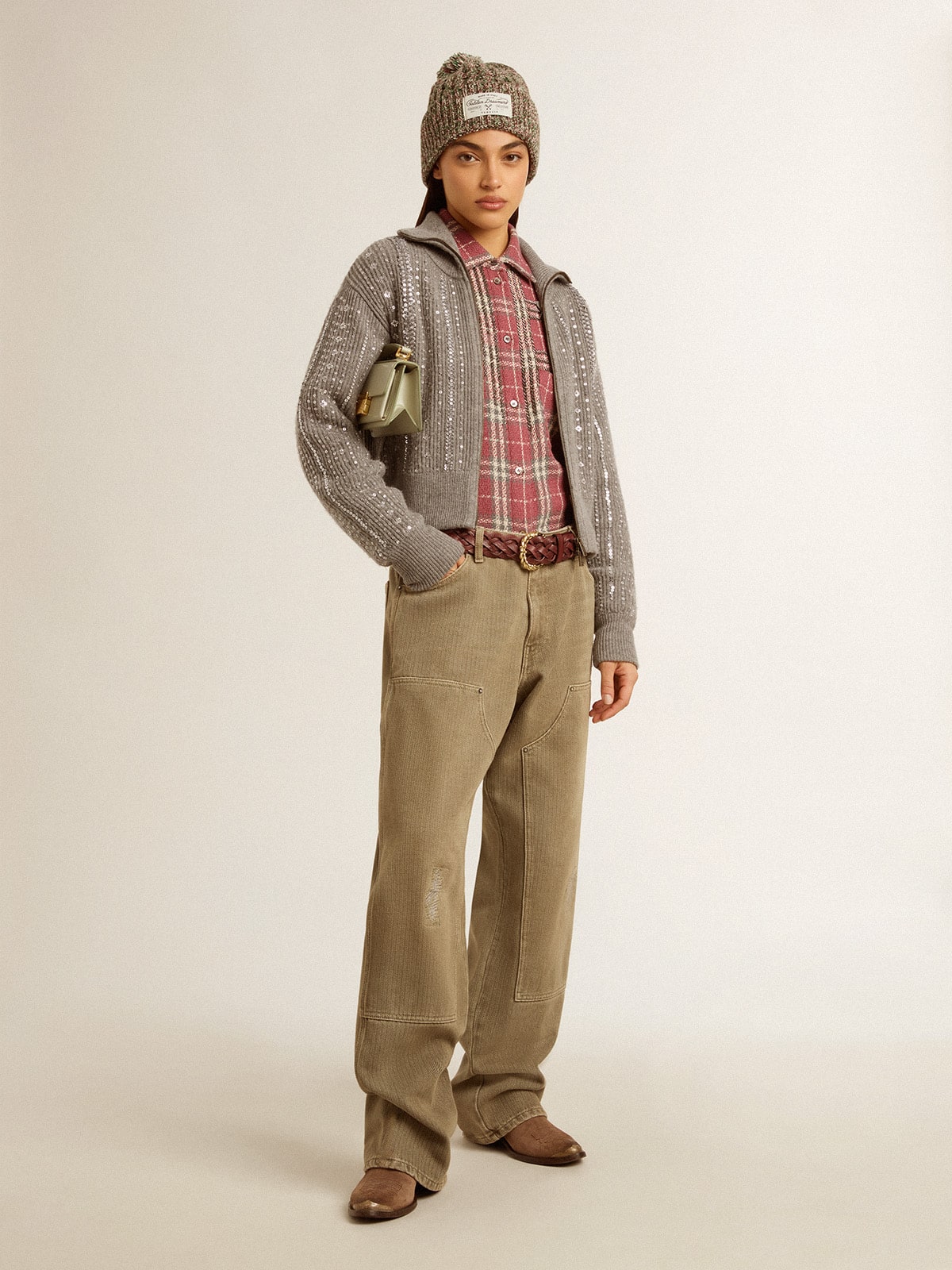 Golden Goose Women's shirt with pink, sand and gray check embroidery