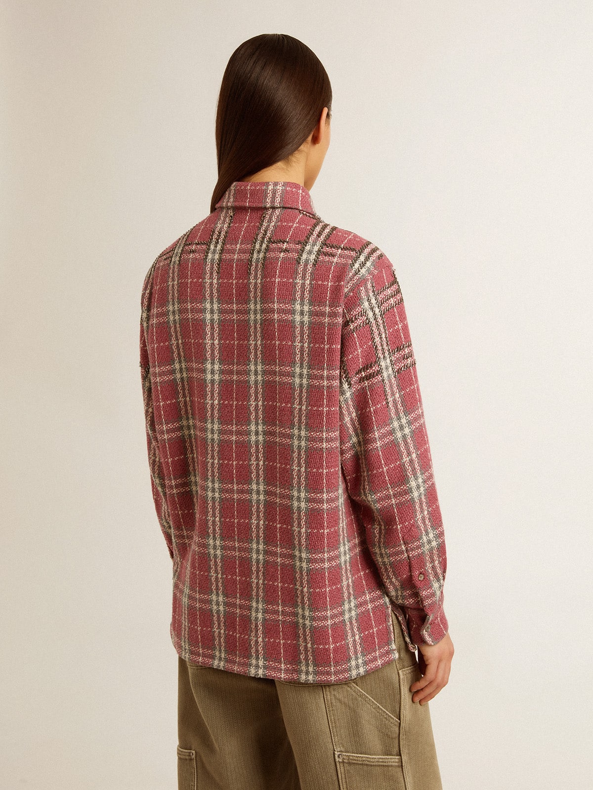 Golden Goose Women's shirt with pink, sand and gray check embroidery