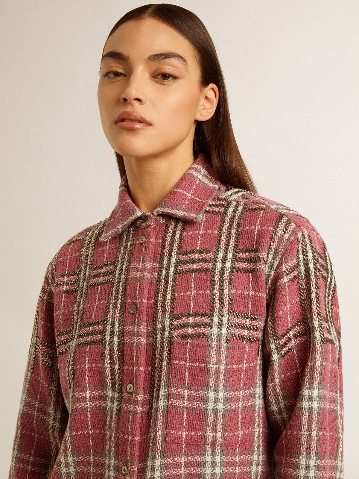 Golden Goose Women's shirt with pink, sand and gray check embroidery