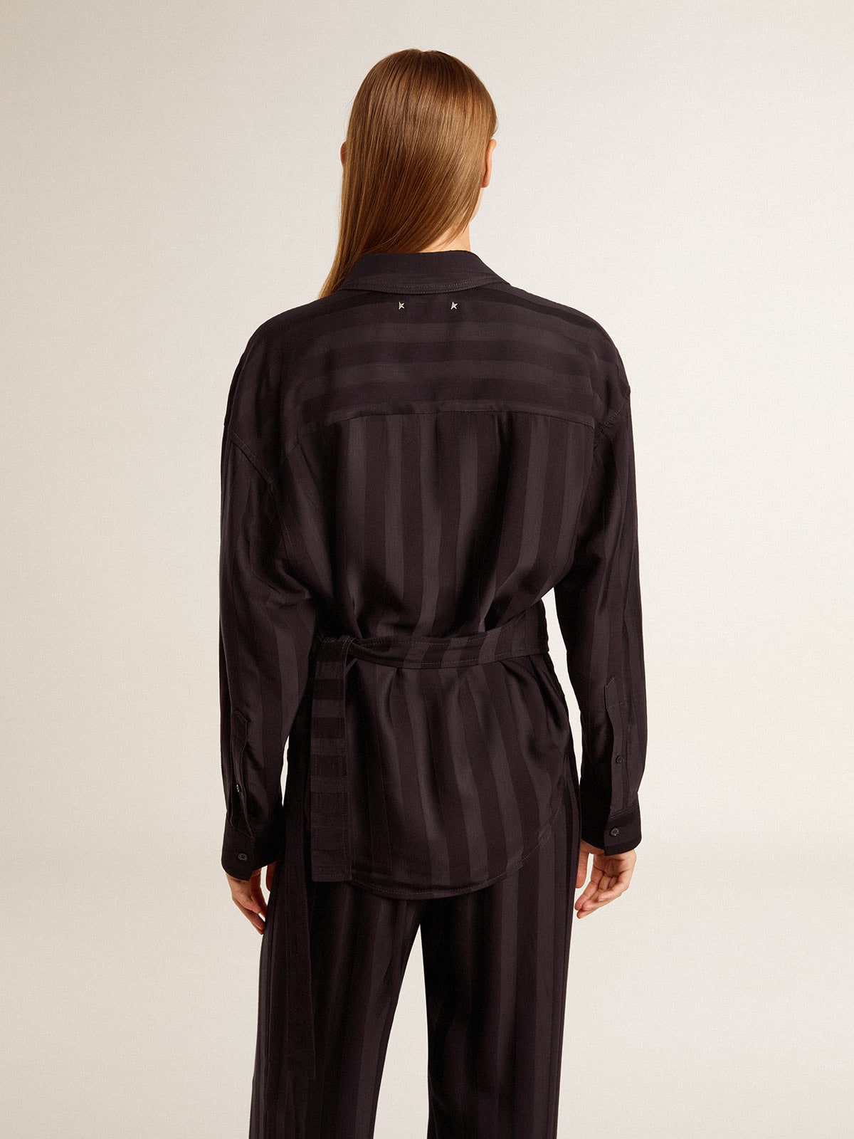 Golden Goose Women's black shirt with vertical stripes and side knot closure