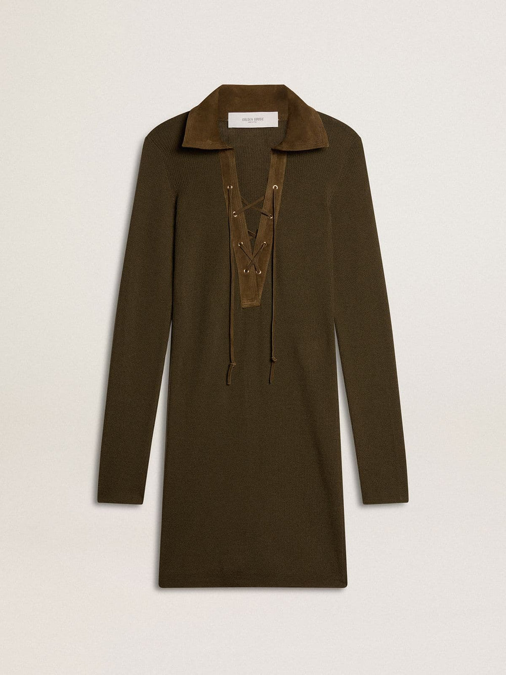 Golden Goose Military green wool mini dress with leather details