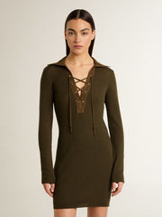 Golden Goose Military green wool mini dress with leather details