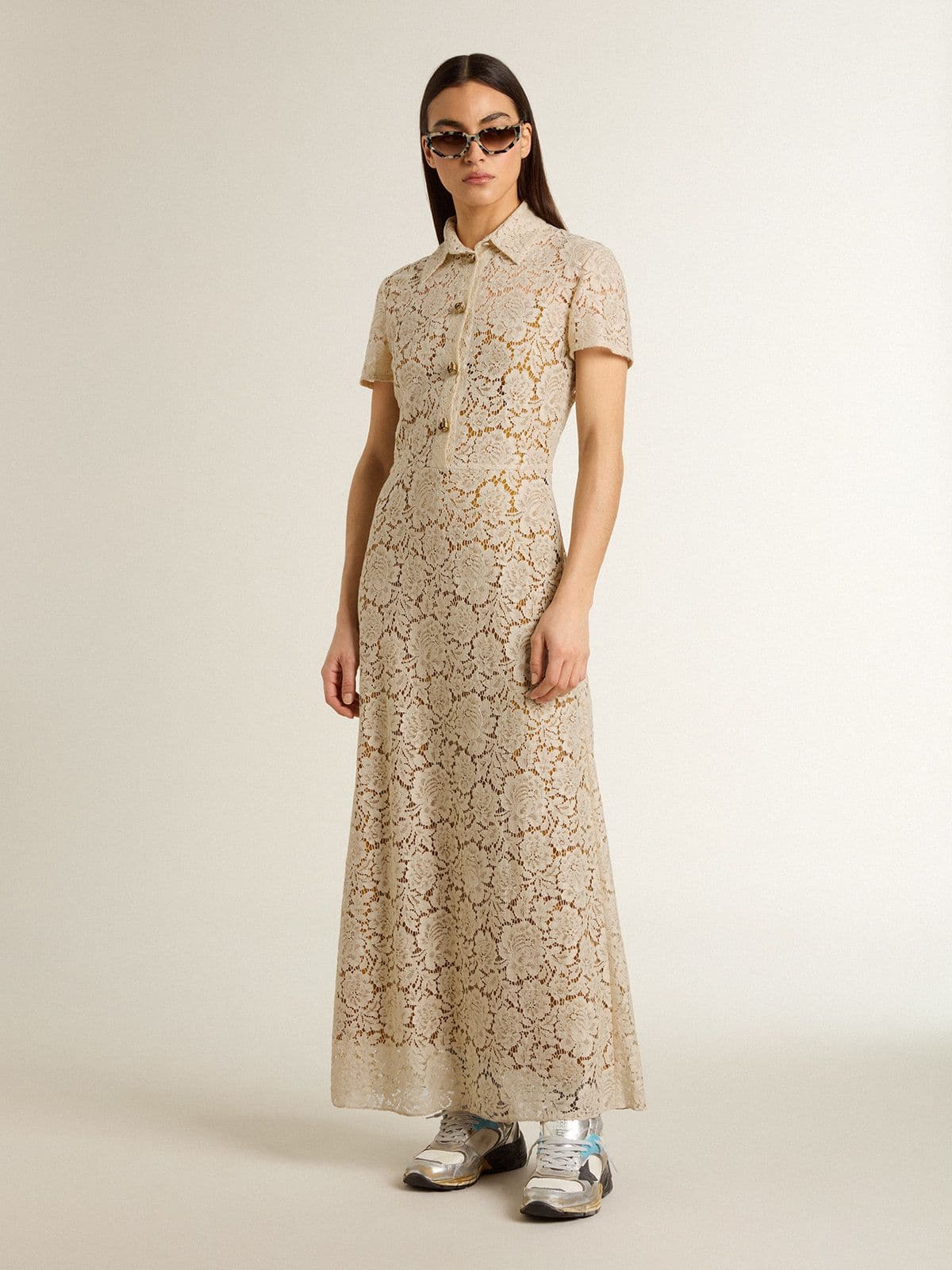 Golden Goose Women's midi dress in cream-colored see-through lace