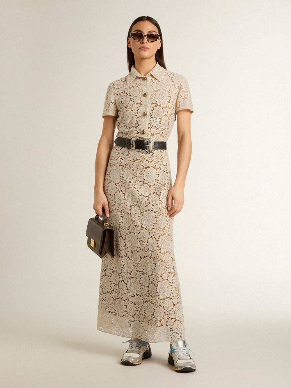 Golden Goose Women's midi dress in cream-colored see-through lace