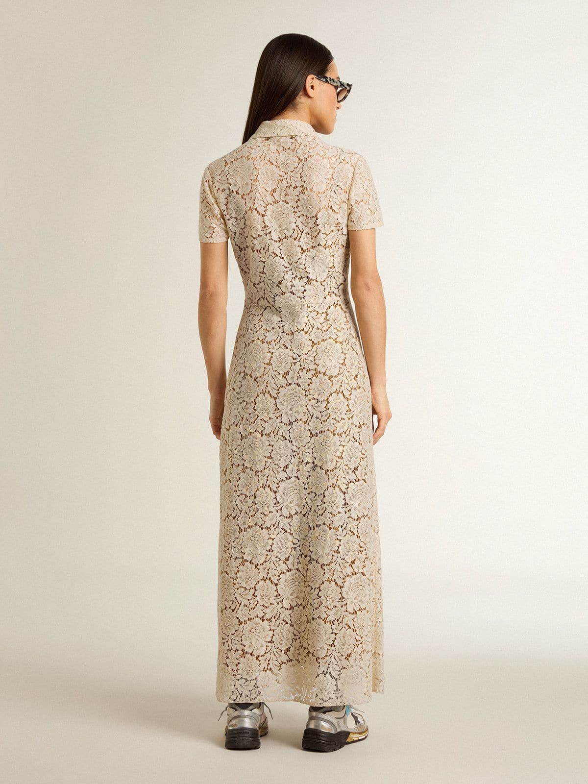 Golden Goose Women's midi dress in cream-colored see-through lace