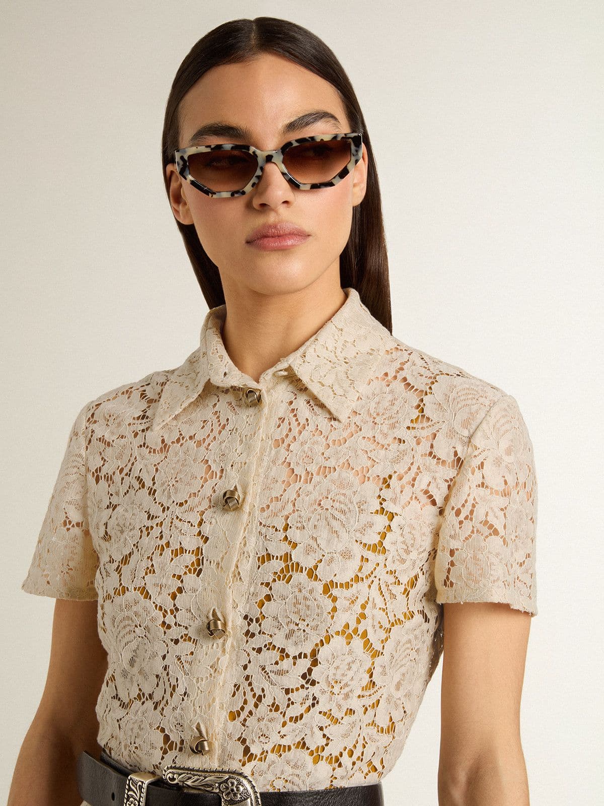 Golden Goose Women's midi dress in cream-colored see-through lace