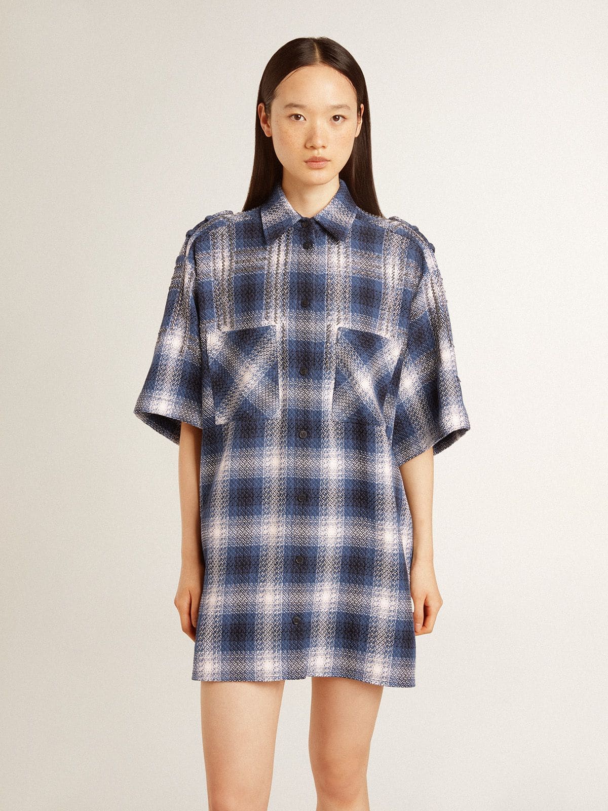 Golden Goose Women's short shirt dress with 3D checkerboard pattern and embroidery