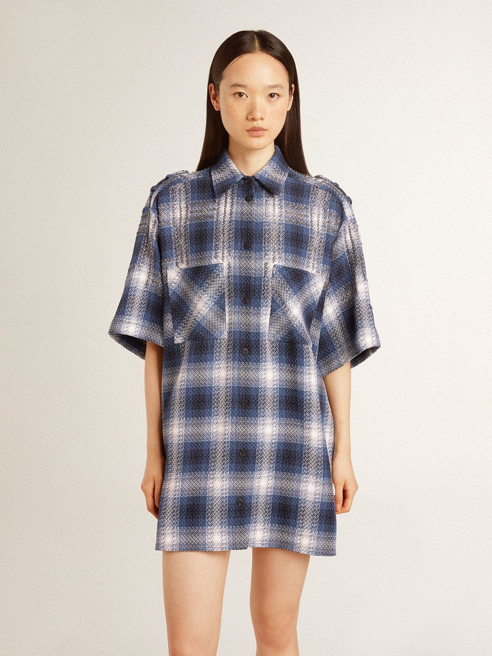 Golden Goose Women's short shirt dress with 3D checkerboard pattern and embroidery