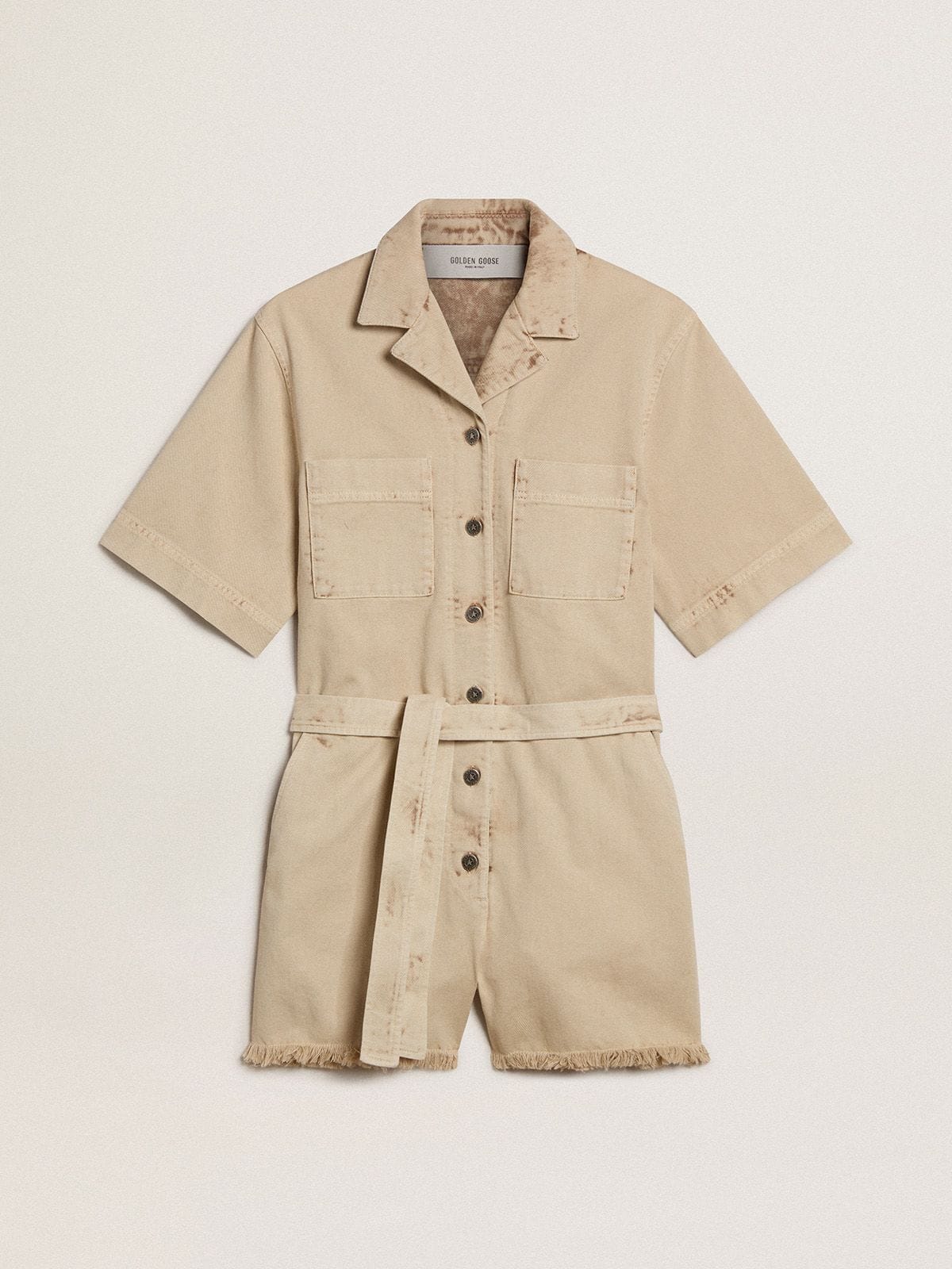 Golden Goose Women's romper in beige denim with belt and frayed hem