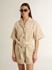 Golden Goose Women's romper in beige denim with belt and frayed hem