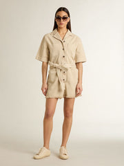 Golden Goose Women's romper in beige denim with belt and frayed hem