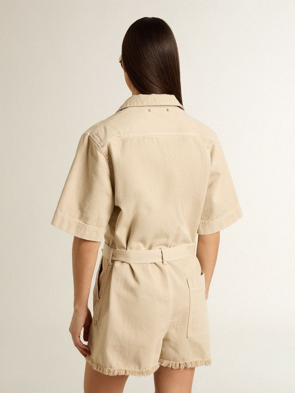 Golden Goose Women's romper in beige denim with belt and frayed hem