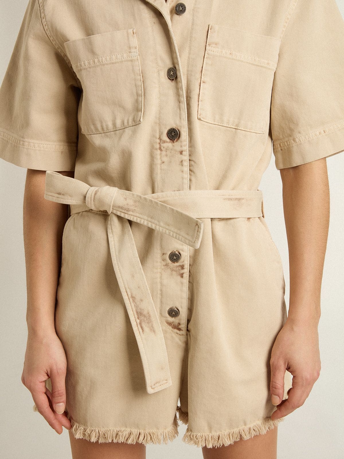 Golden Goose Women's romper in beige denim with belt and frayed hem