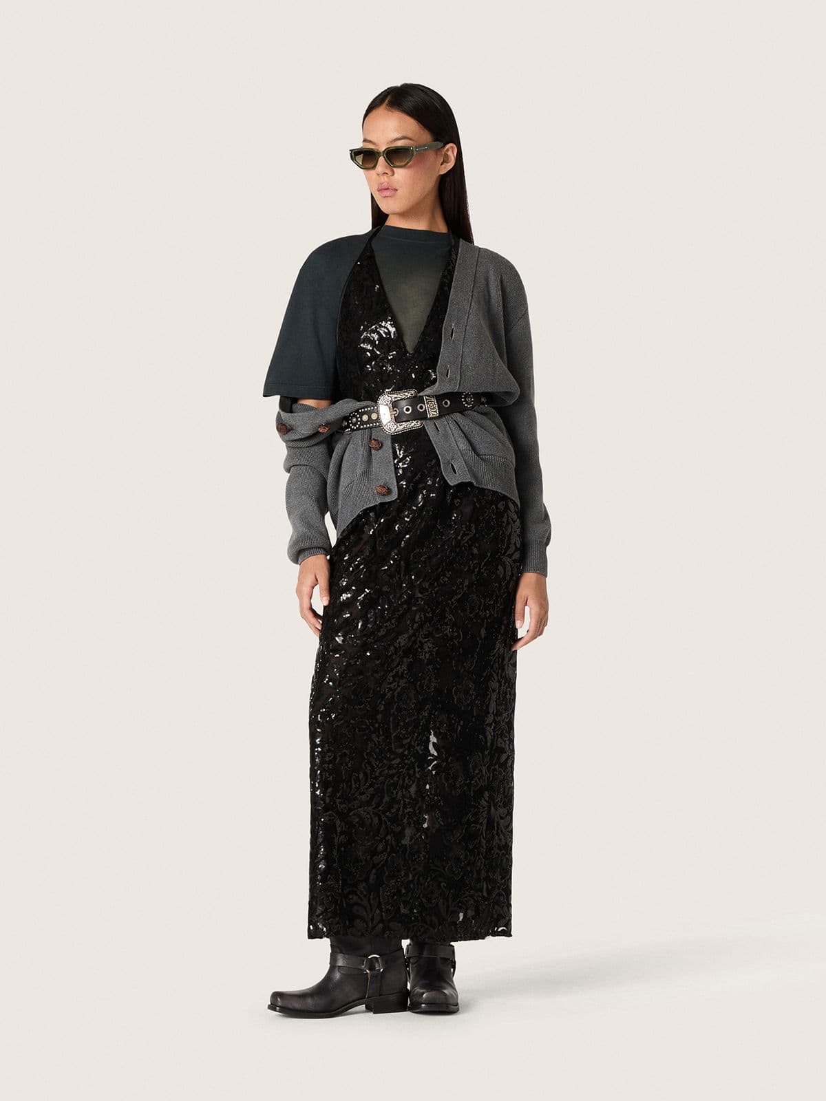 Golden Goose Women's long dress in tulle with floral embroidery in black sequins