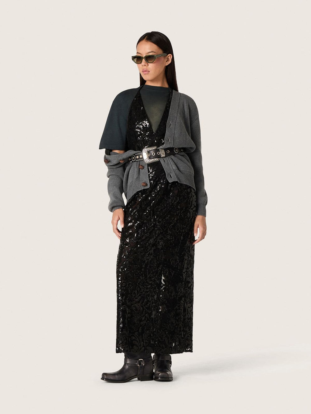 Golden Goose Women's long dress in tulle with floral embroidery in black sequins