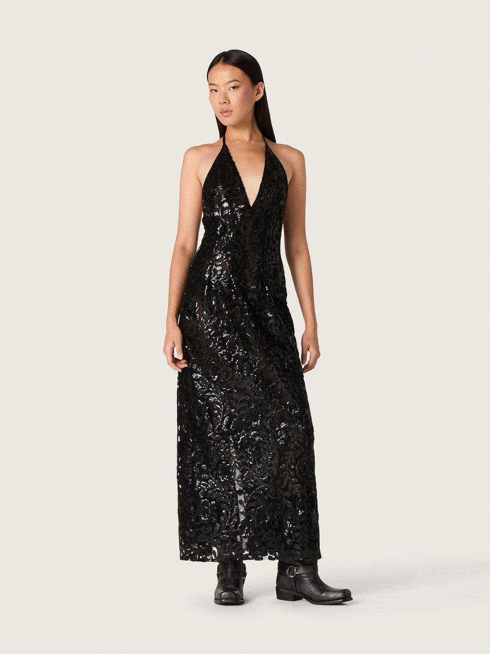 Golden Goose Women's long dress in tulle with floral embroidery in black sequins