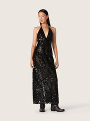 Golden Goose Women's long dress in tulle with floral embroidery in black sequins