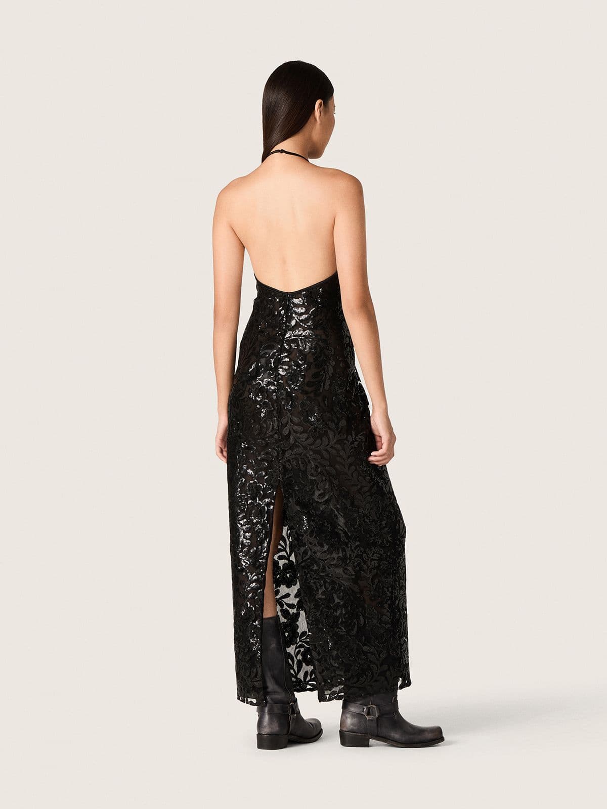 Golden Goose Women's long dress in tulle with floral embroidery in black sequins