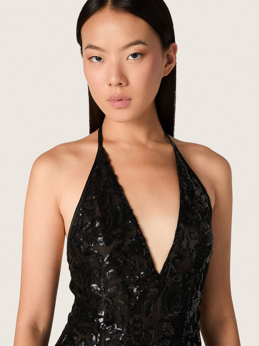 Golden Goose Women's long dress in tulle with floral embroidery in black sequins