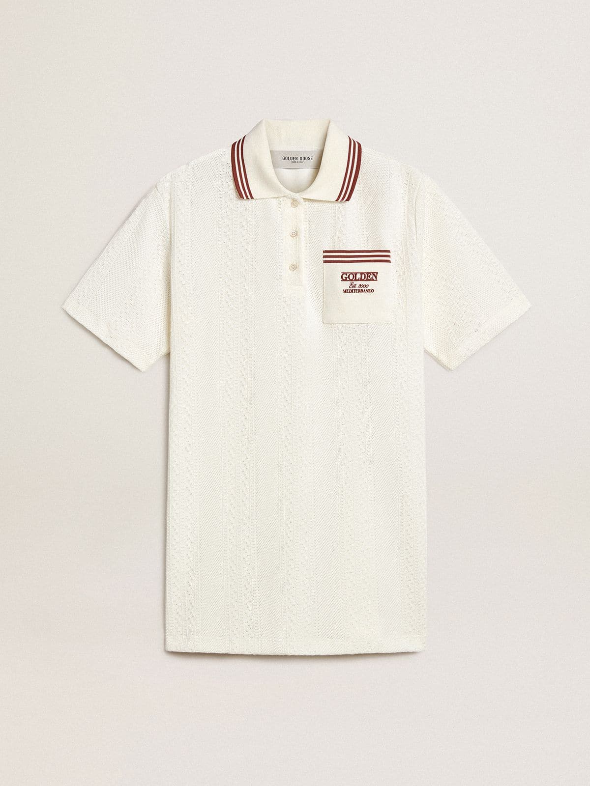 Golden Goose Women's Oasis polo dress in white perforated jersey with burgundy stripes