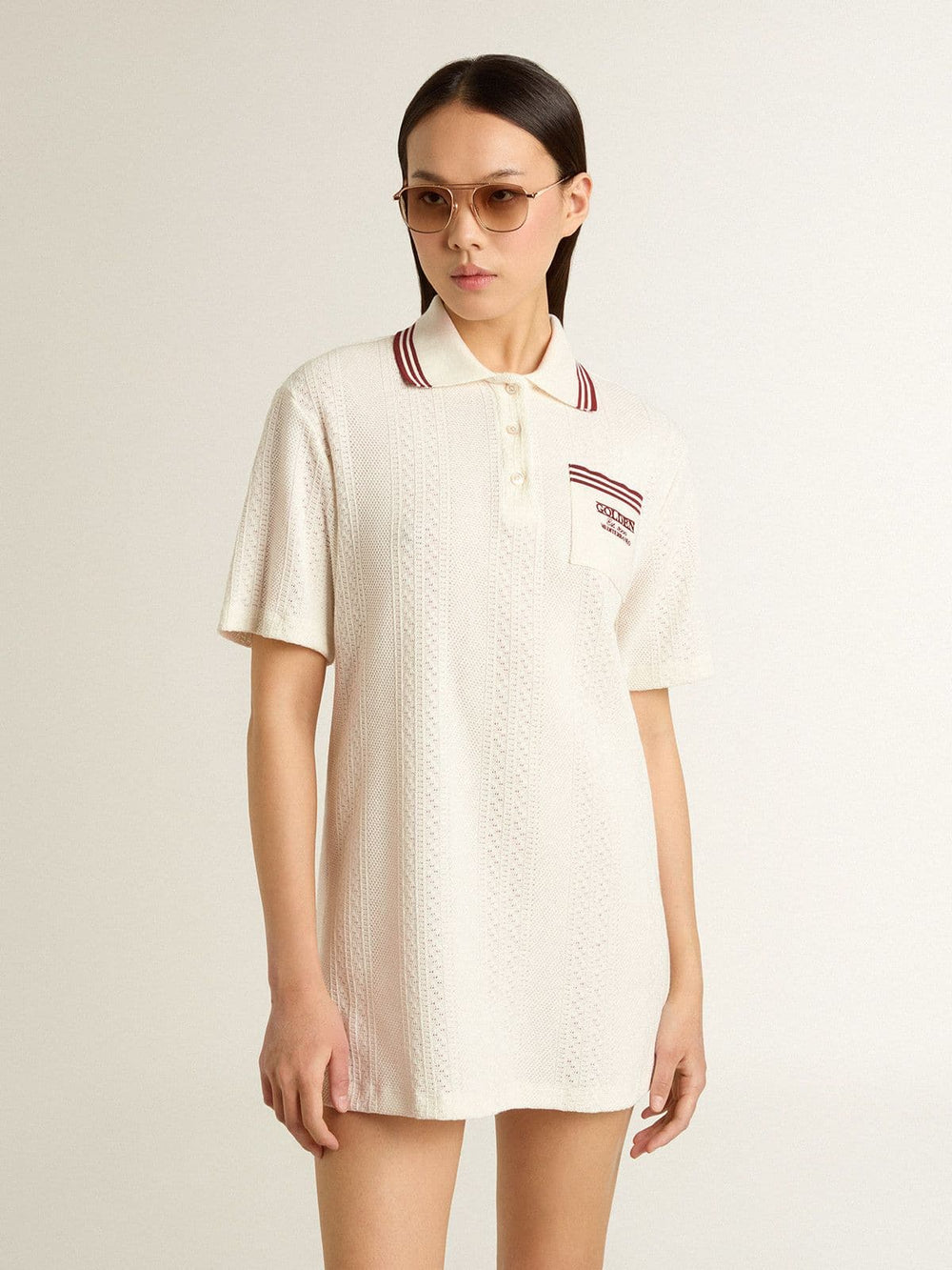 Golden Goose Women's Oasis polo dress in white perforated jersey with burgundy stripes