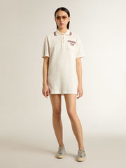 Golden Goose Women's Oasis polo dress in white perforated jersey with burgundy stripes
