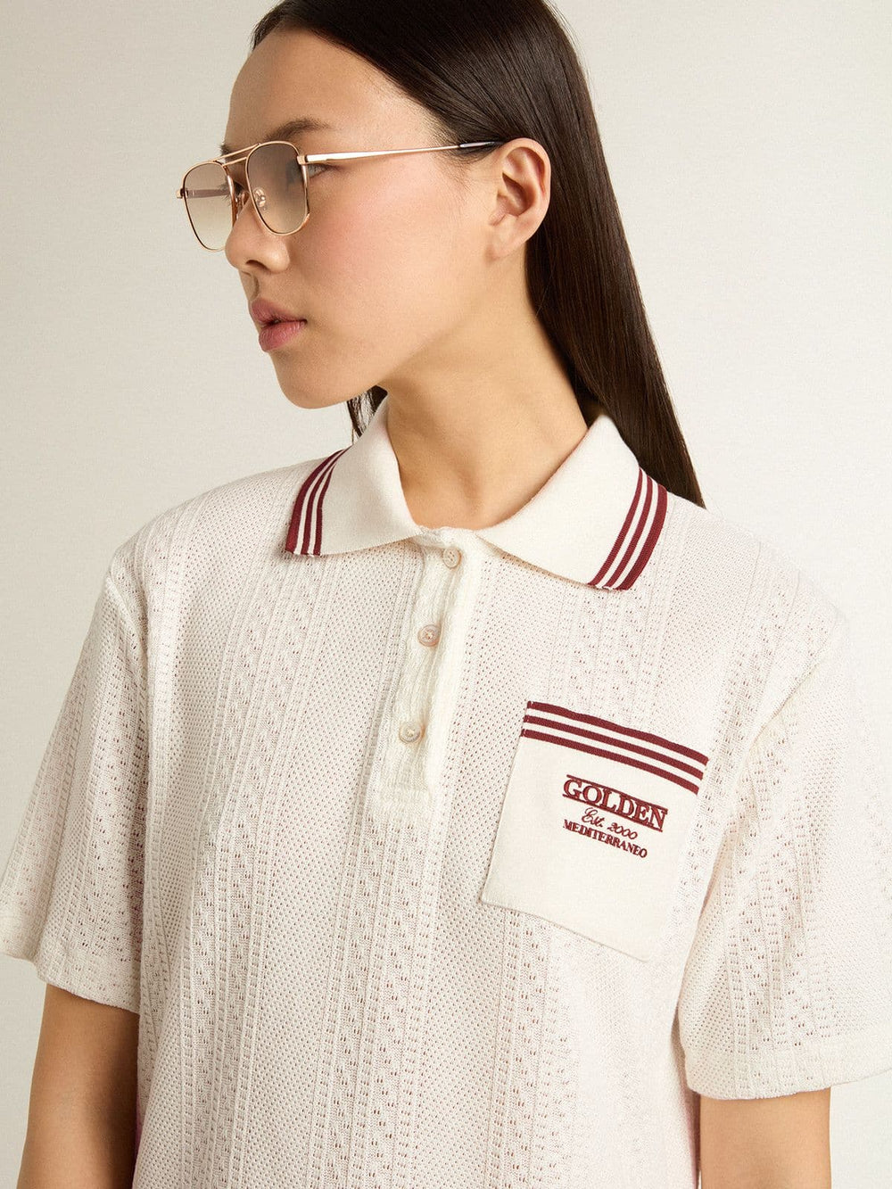 Golden Goose Women's Oasis polo dress in white perforated jersey with burgundy stripes