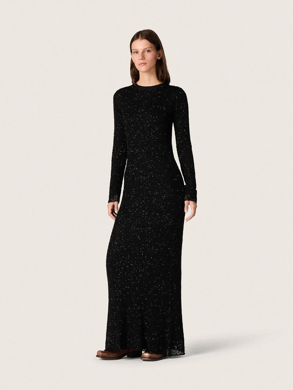 Golden Goose Women's long dress in black mesh with black sequins