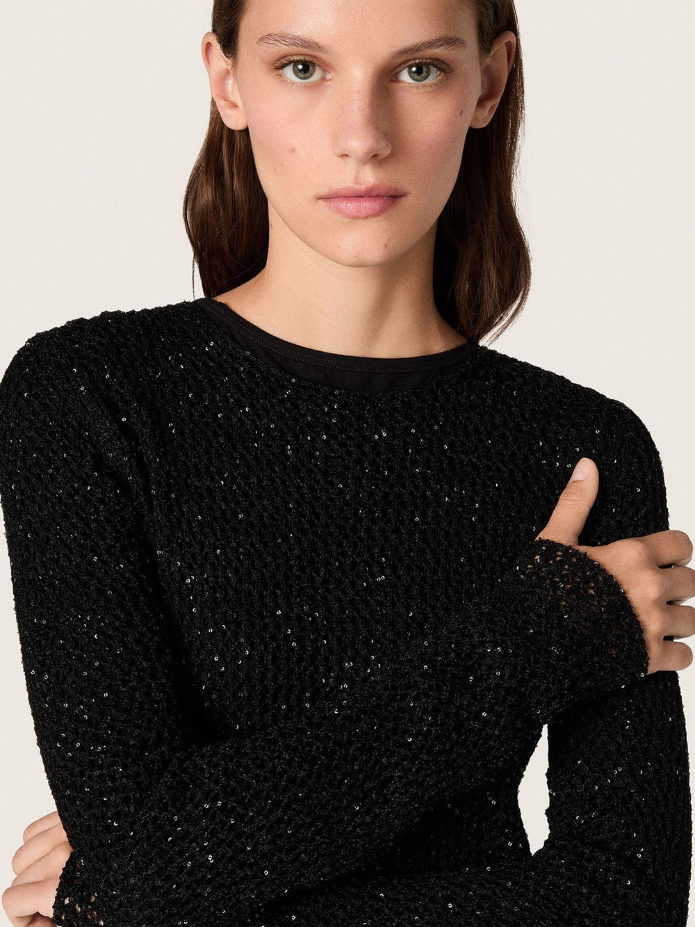 Golden Goose Women's long dress in black mesh with black sequins