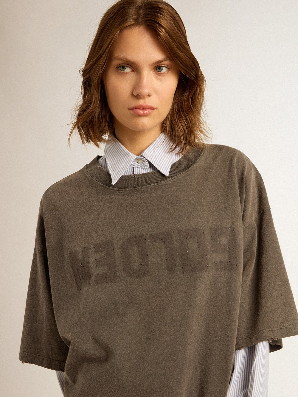 Golden Goose Women's gray T-shirt dress with distressed treatment