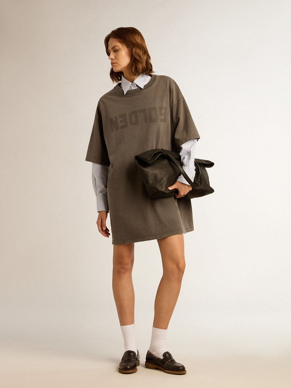 Golden Goose Women's gray T-shirt dress with distressed treatment