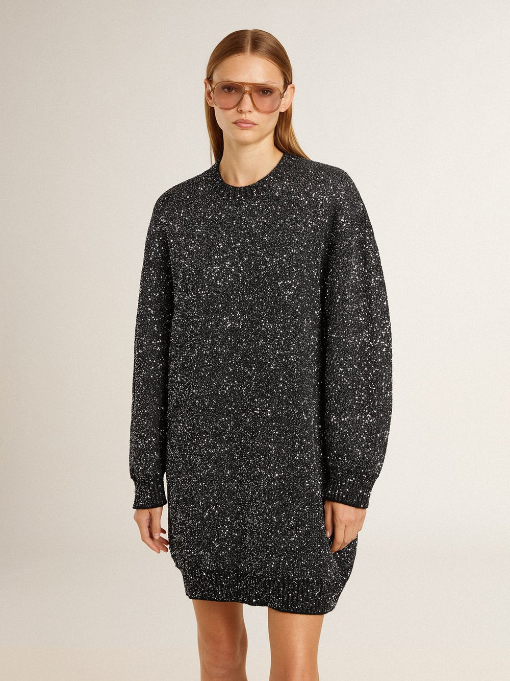 Golden Goose Women's black crew neck dress with all-over silver sequins