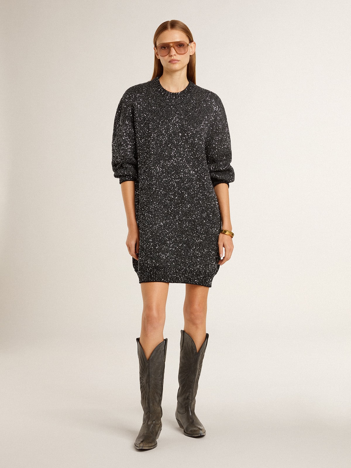 Golden Goose Women's black crew neck dress with all-over silver sequins