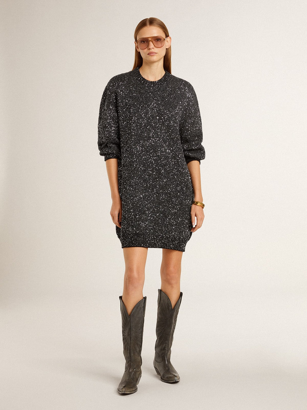 Golden Goose Women's black crew neck dress with all-over silver sequins