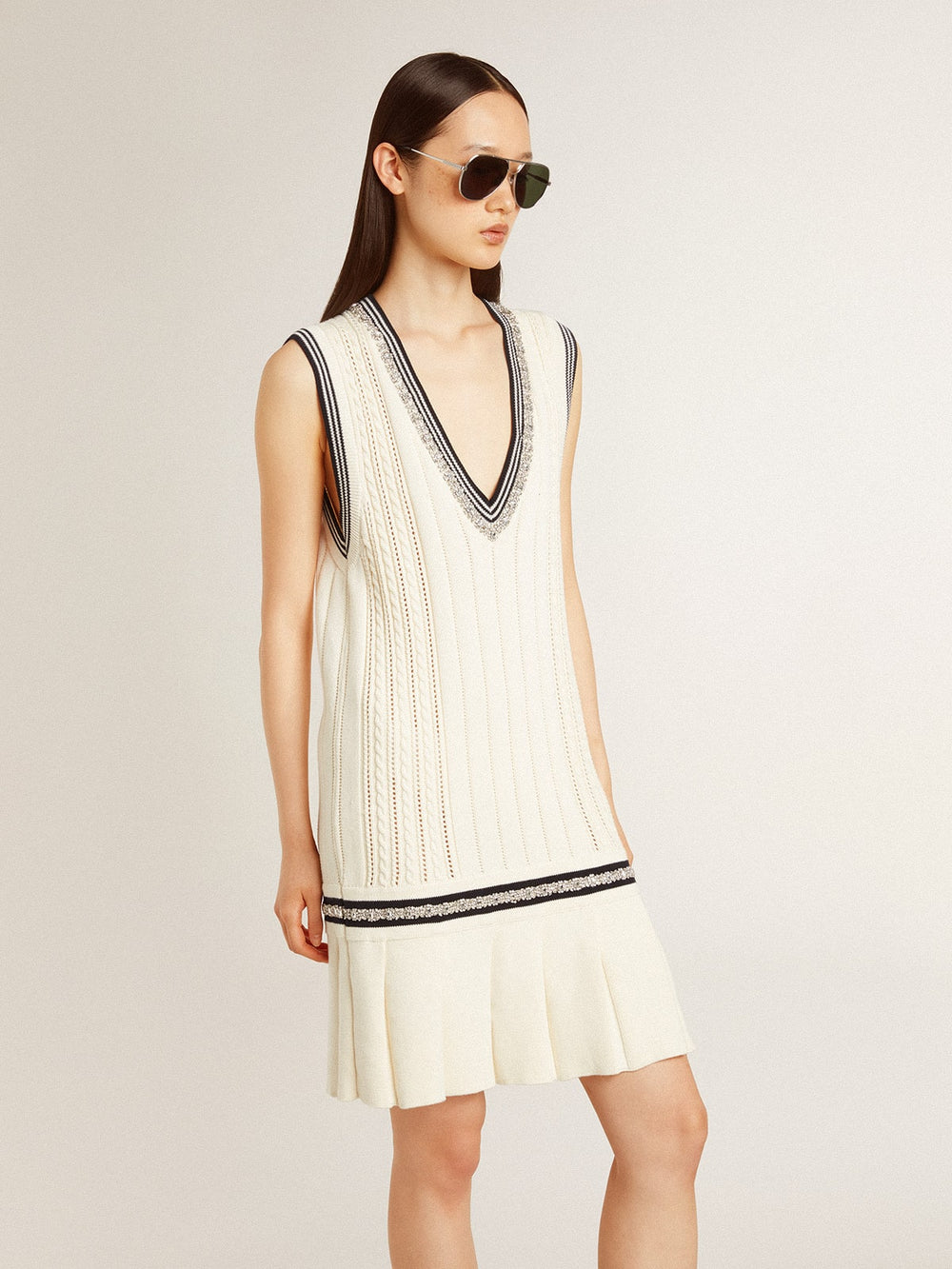 Golden Goose Women's worn-white cotton vest dress with dark blue ribbing and crystals