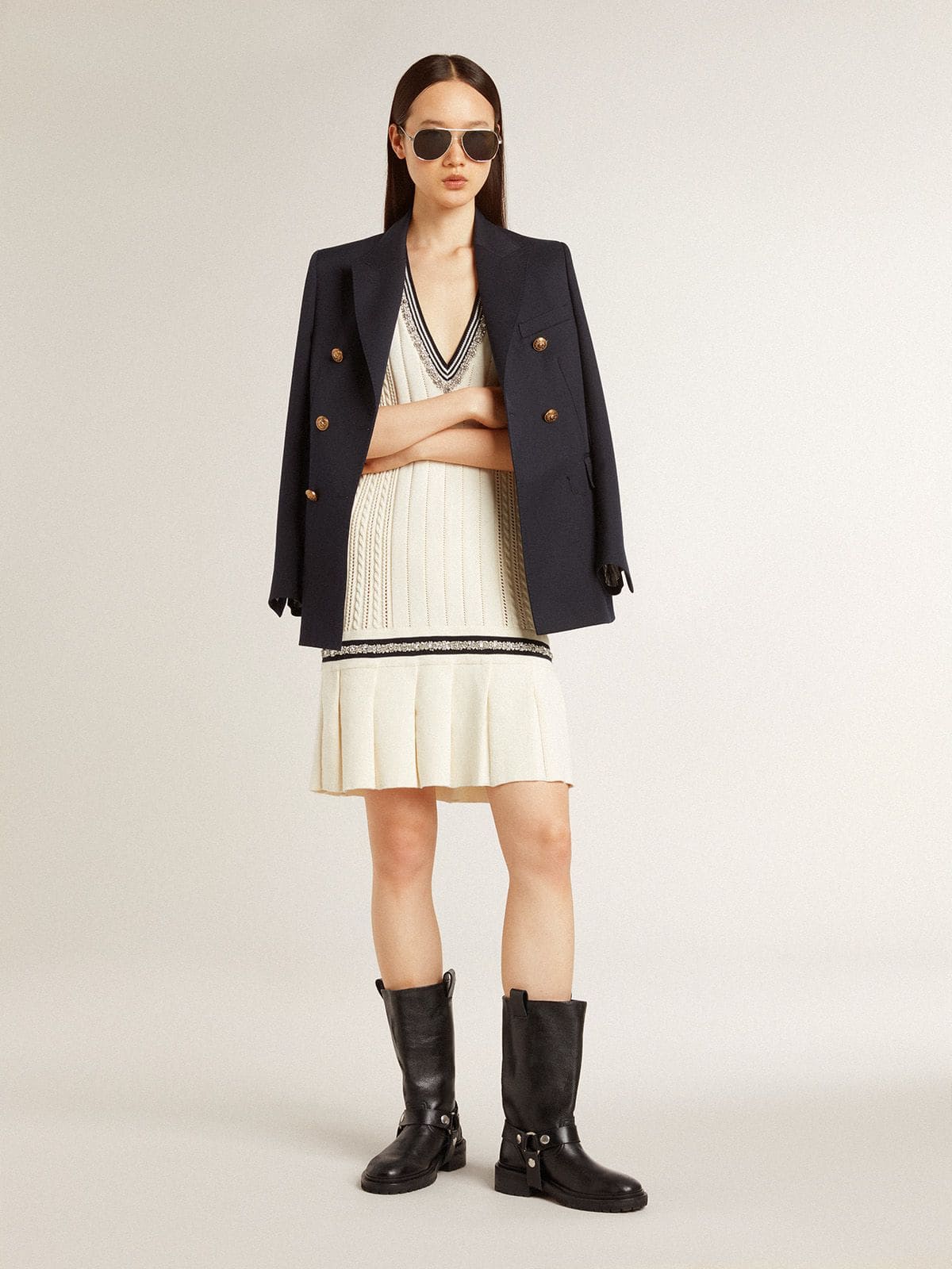 Golden Goose Women's worn-white cotton vest dress with dark blue ribbing and crystals