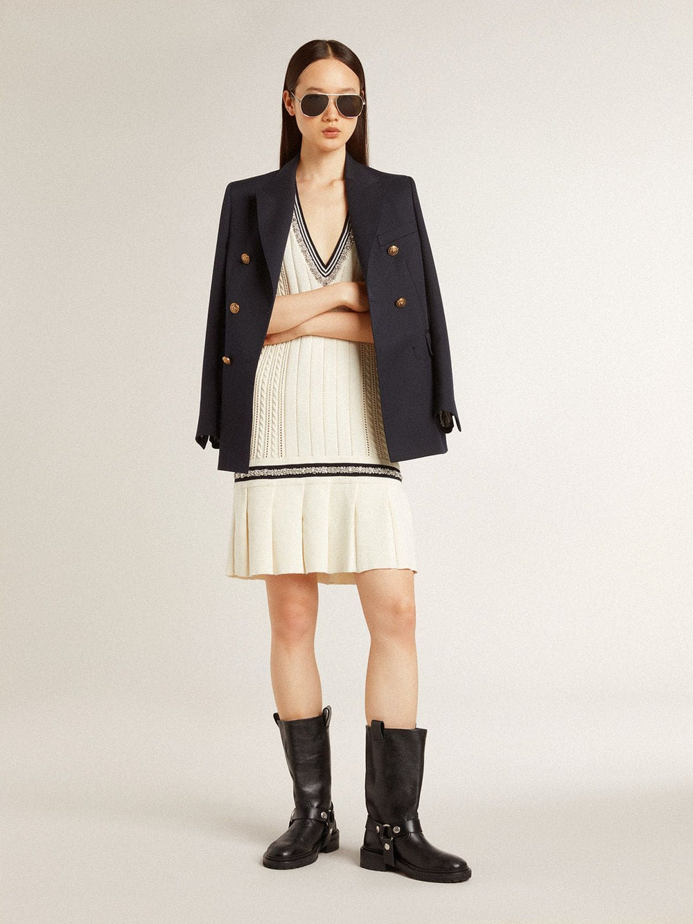 Golden Goose Women's worn-white cotton vest dress with dark blue ribbing and crystals