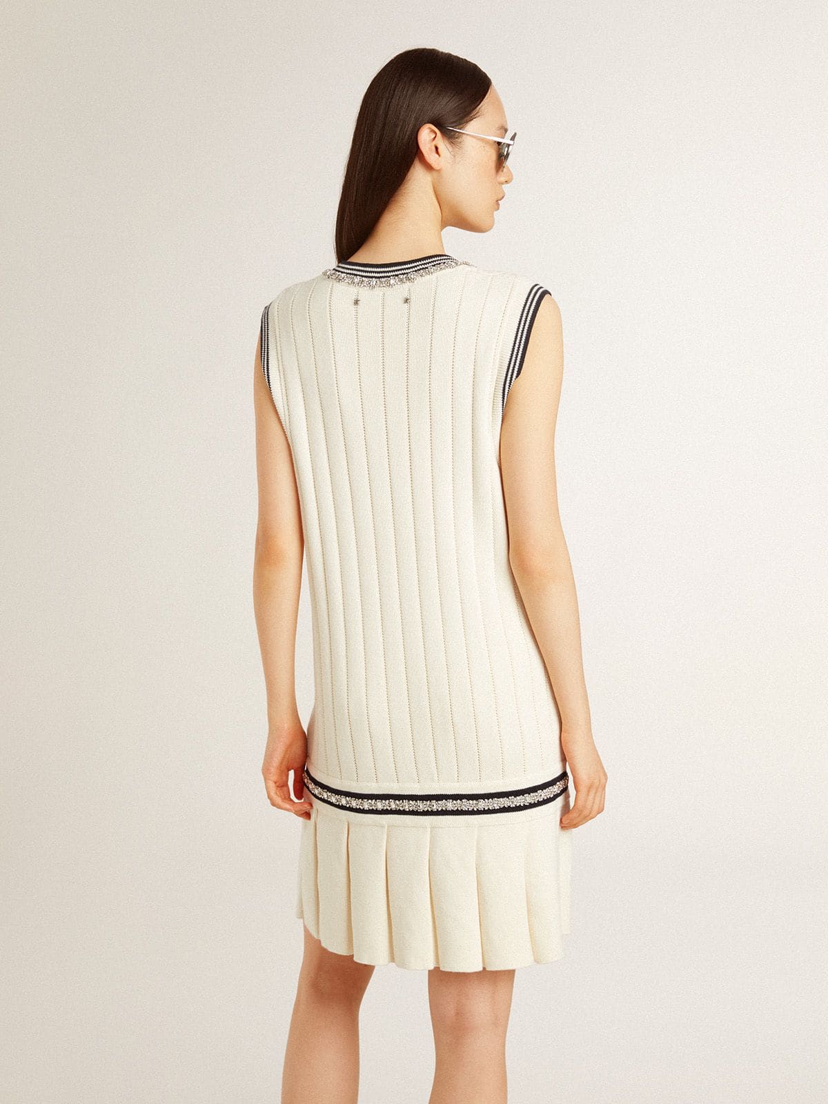 Golden Goose Women's worn-white cotton vest dress with dark blue ribbing and crystals