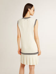 Golden Goose Women's worn-white cotton vest dress with dark blue ribbing and crystals