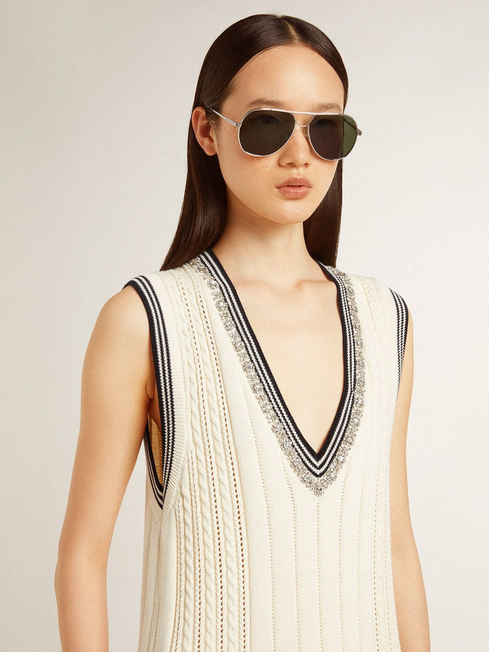 Golden Goose Women's worn-white cotton vest dress with dark blue ribbing and crystals
