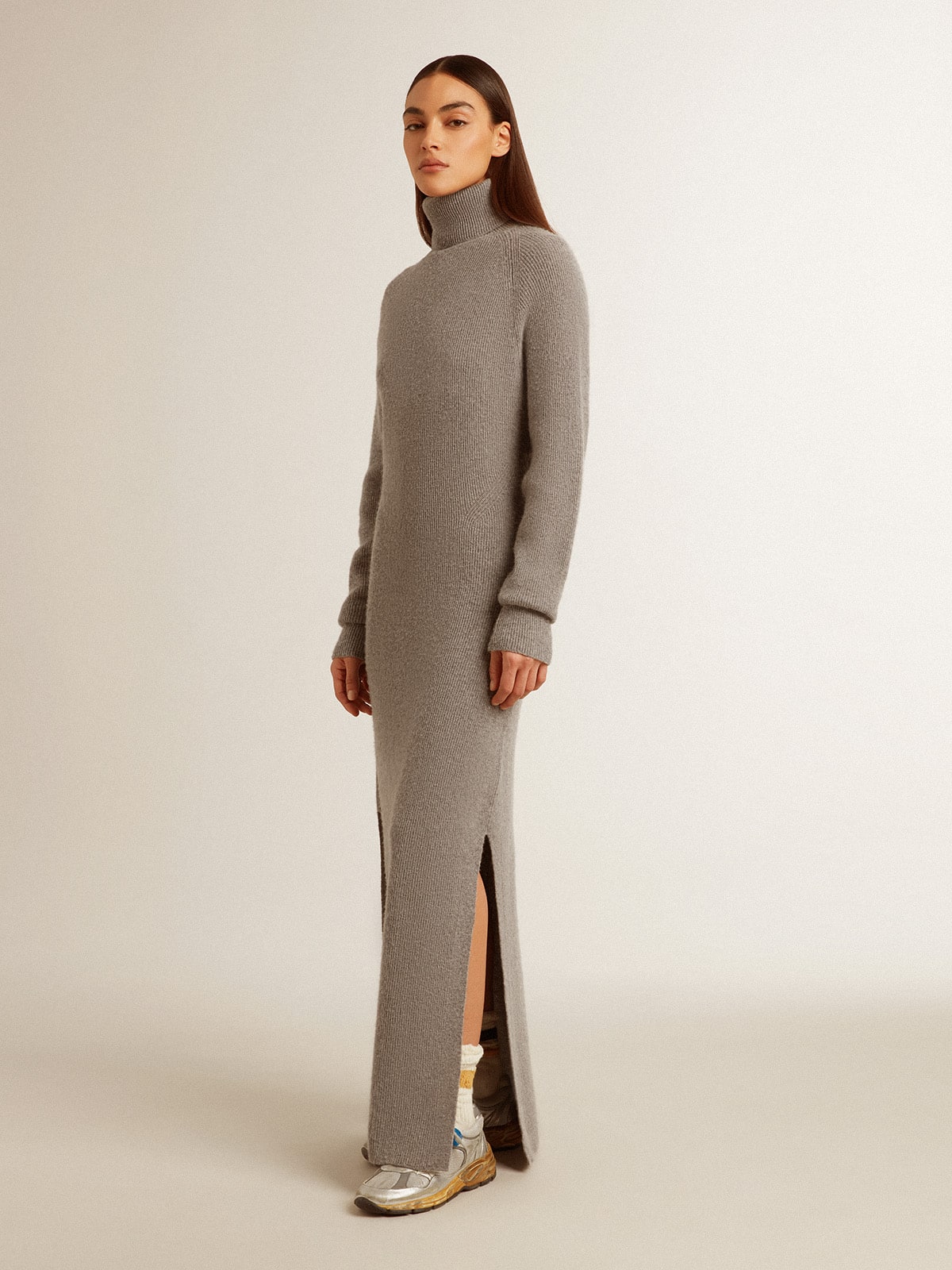 Golden Goose Gray melange ribbed woolen dress with high neck