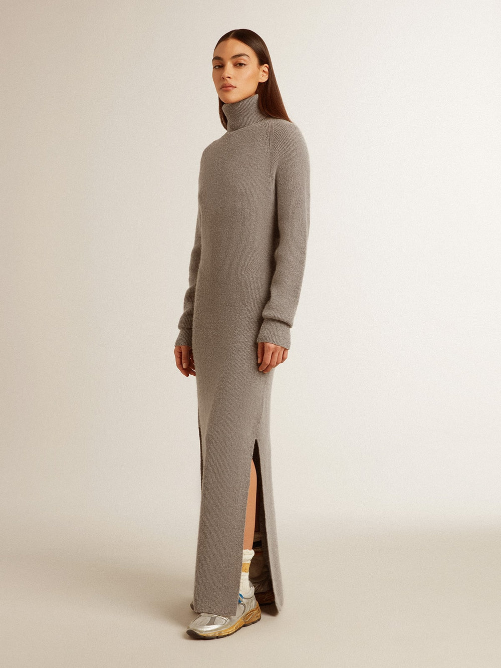 Golden Goose Gray melange ribbed woolen dress with high neck