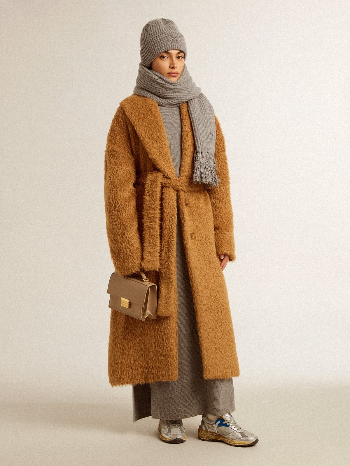 Golden Goose Gray melange ribbed woolen dress with high neck
