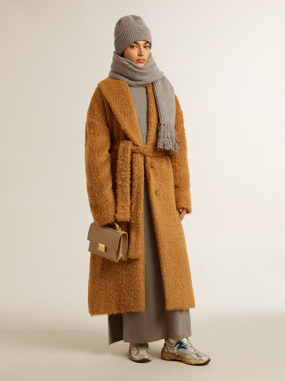 Golden Goose Gray melange ribbed woolen dress with high neck