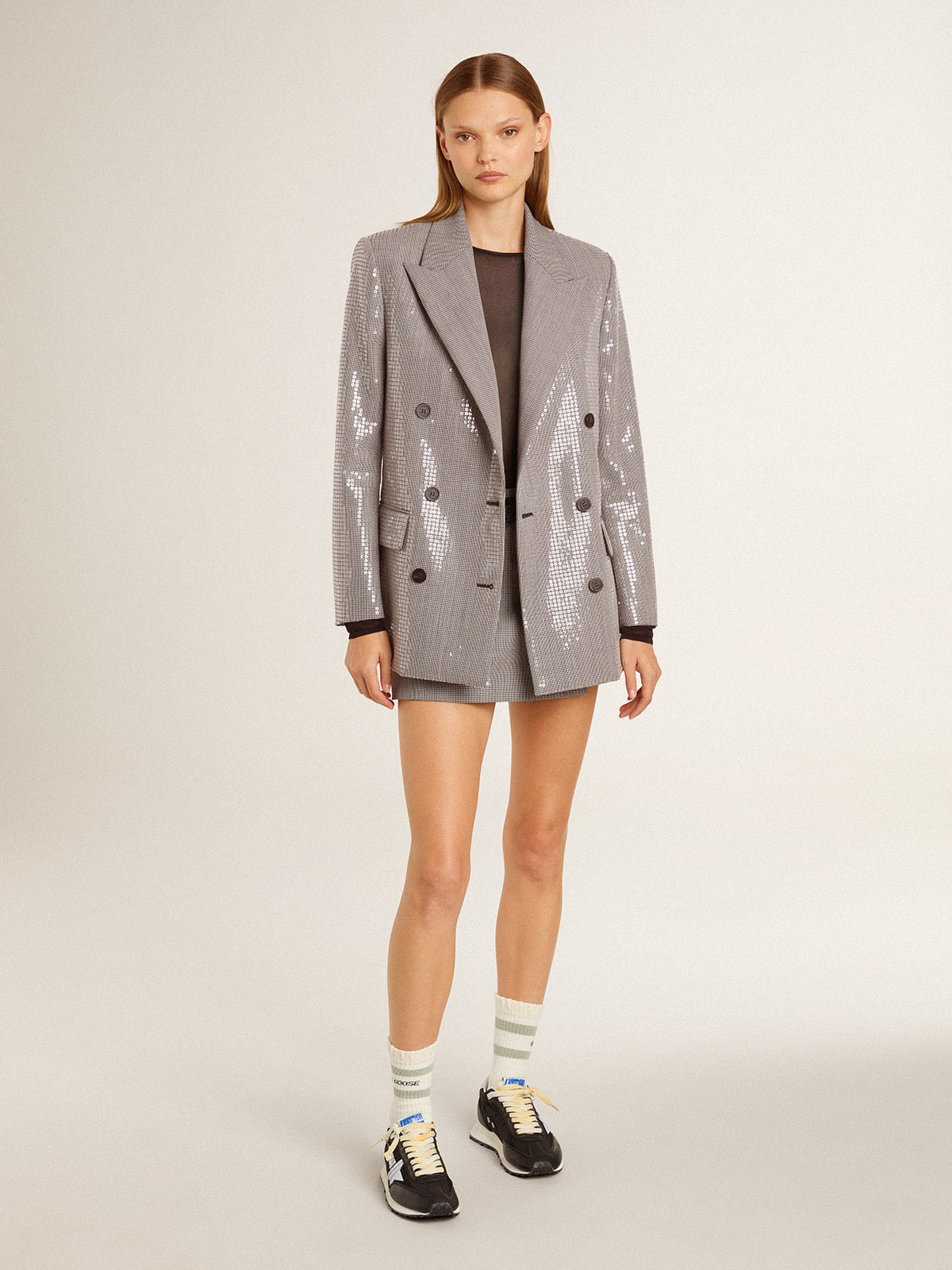 Golden Goose Women's gray mini shorts in houndstooth wool