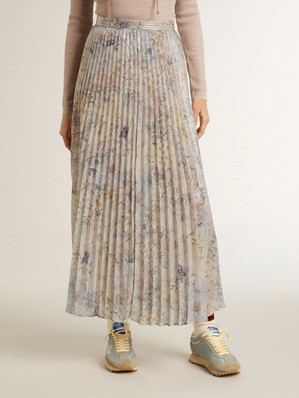 Golden Goose Women's long pleated skirt with multicolor floral sequin print