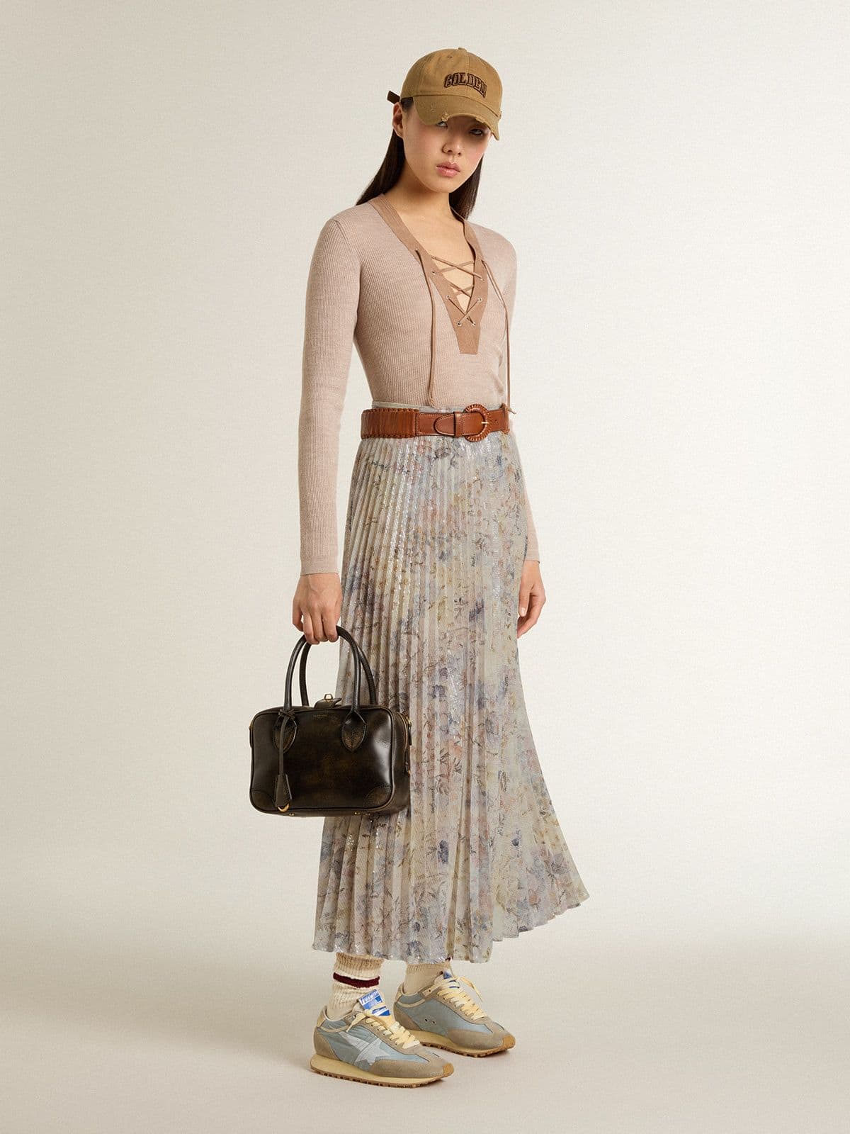 Golden Goose Women's long pleated skirt with multicolor floral sequin print