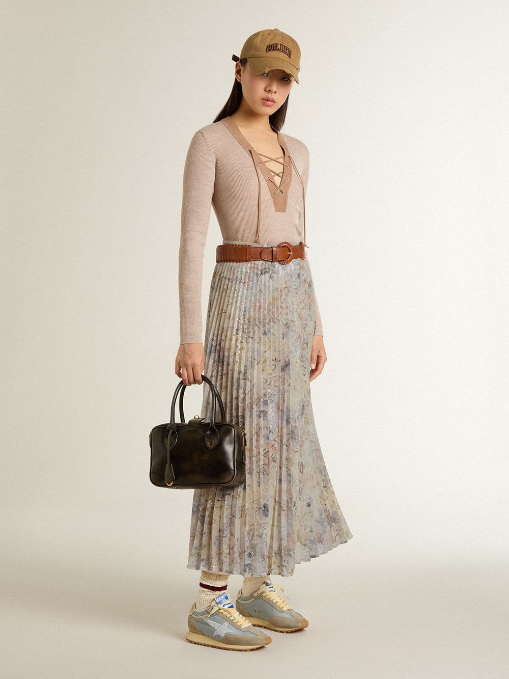 Golden Goose Women's long pleated skirt with multicolor floral sequin print