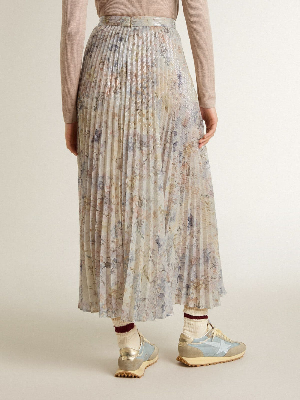 Golden Goose Women's long pleated skirt with multicolor floral sequin print