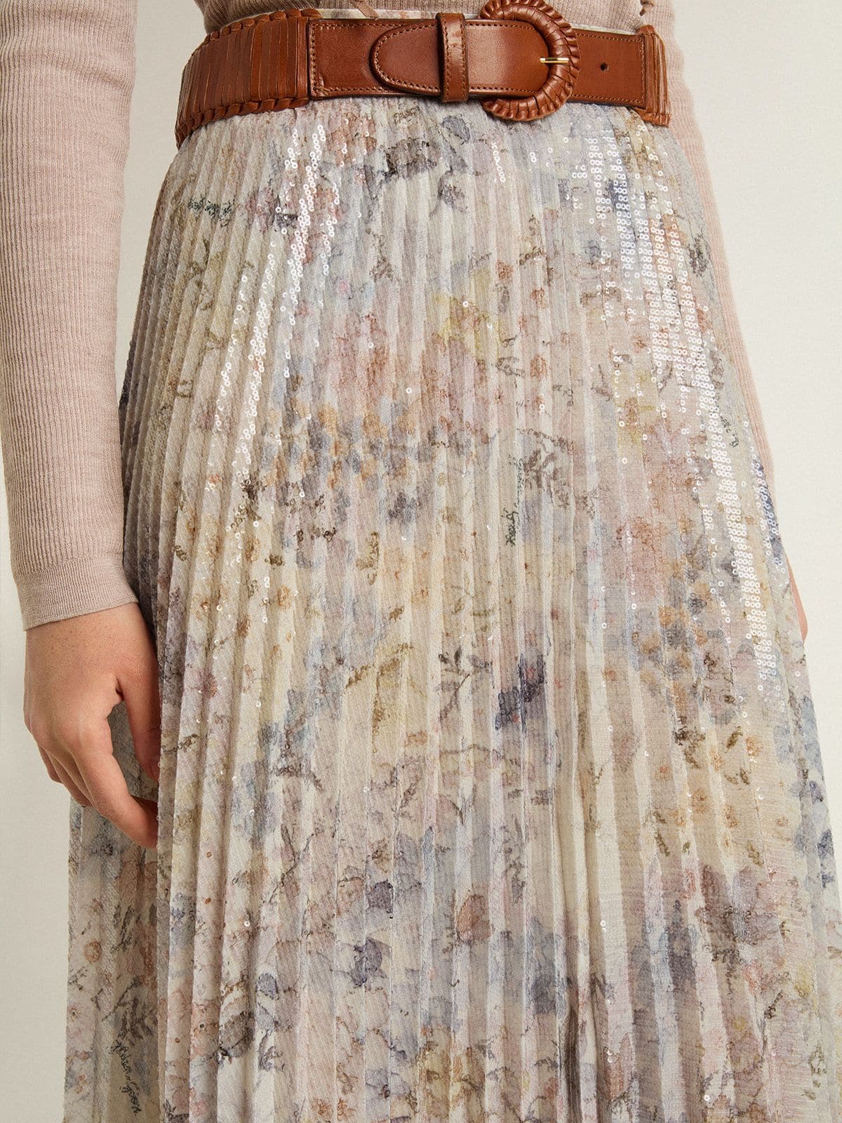 Golden Goose Women's long pleated skirt with multicolor floral sequin print